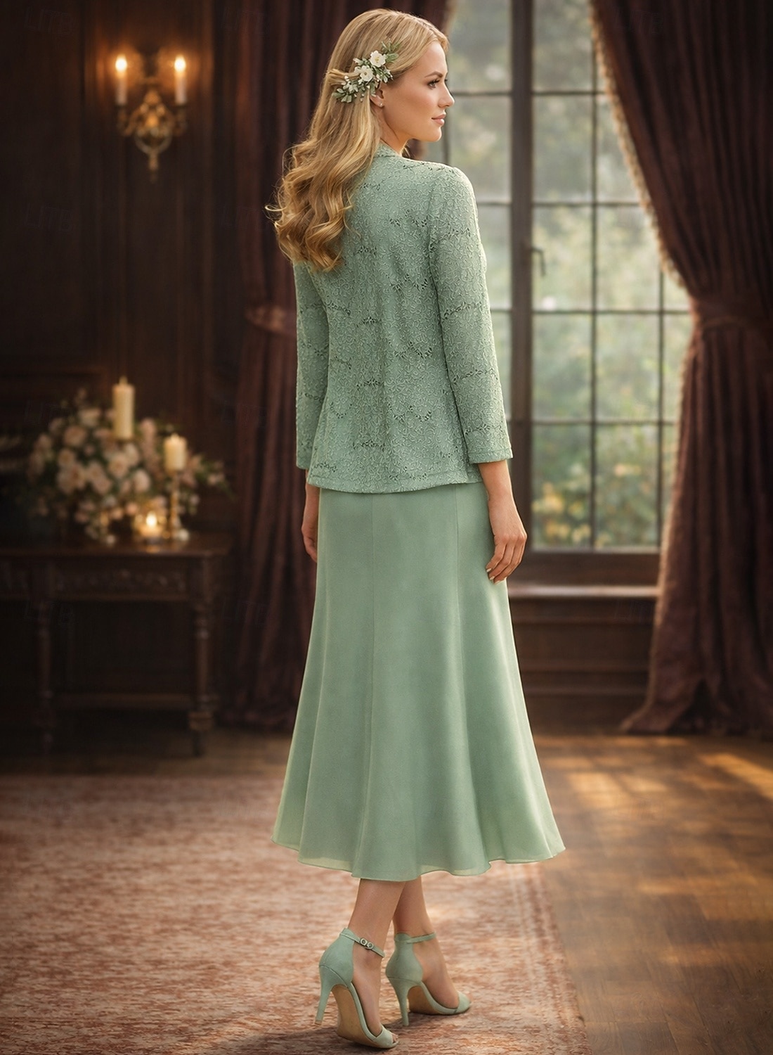 Duas Peças Linha A Até o Tornozelo Vestido de convidada de casamento Vestido Para Mãe dos Noivos Manga Longa Decote Canoa Elegante Simples Luxuoso Formal Convidado do casamento Chiffon com Renda de 2026 por $160.99 –P2