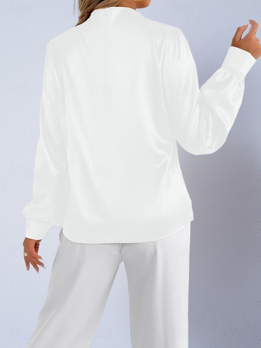 Dames Overhemd Satijnen overhemd Normaal shirt Met ruches Effen Stijlvol Basic Klassiek Lange mouw Hoge nek Normale tops Dagelijks Feestdagen Uitgaan Zwart Wit Wijn Rood Lente Herfst 2026 - $22.99 –P10