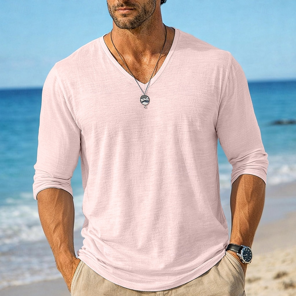 2026年 男性用 ティートップ 長袖シャツ リネンTシャツ 長袖 Ｖネック 夏 春 春夏 純色 平織り 日常 カジュアル ストリートスタイル 平織り カジュアル アウトドア ストリート ライトブルー レイクブルー ブラック メンズトップTシャツ  コレクション – $20.99 –P10