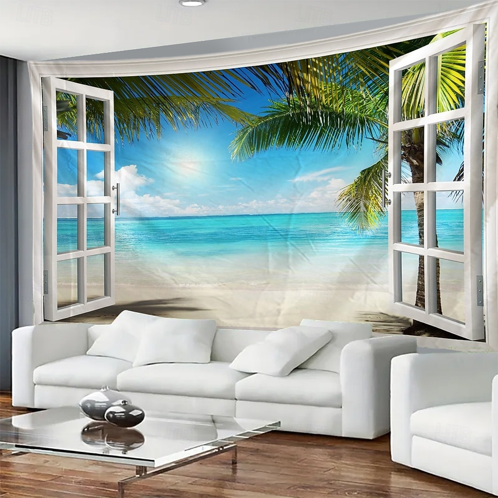 3D gobelín s výhledem z okna, pláž, falešné okno, oceán, nástěnná dekorace, tropické palmy, pobřežní krajina, do obývacího pokoje, místnost na jógu. 2026 - $20.99 –P4