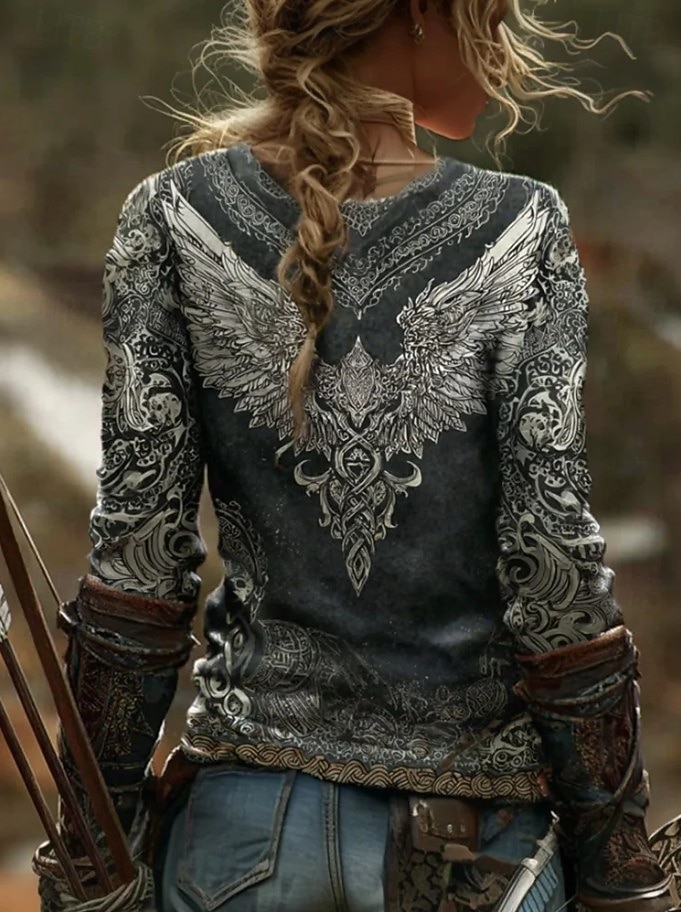 Damen Boho VIKING T-Shirt Grafik Vintage Bohemia Vintage Mode Lange Ärmel Rundhals V-Ausschnitt Reguläre Oberteile Täglich Wochenende Druck Dunkelgrau Sommer Frühling 2026 - $24.99 –P1