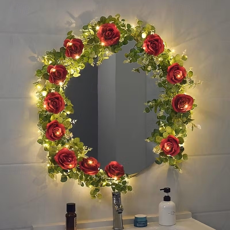 Mesterséges Rózsa Hajlék Füzér Fények 2m 20LED Akkumulátoros 8 Szimulált Virággal és Zöld Növényekkel Esküvőkön Születésnapokon Otthon Hálószobában Erkélyen és Kertben Dekorációhoz 2026 - $35.99 –P10