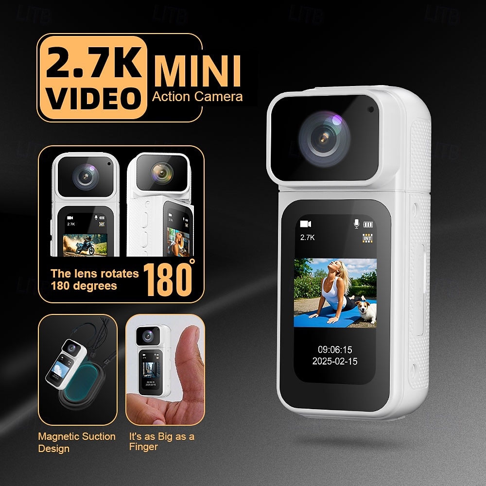 Mini telecamera da corpo Wi-Fi da 2,7K, telecamera POV con obiettivo rotante a 180°, mini telecamera sportiva con visualizzazione dello schermo HD da 1,47" per la registrazione quotidiana di riprese del 2026 a $66.99 –P1