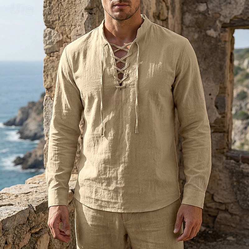 Homme Chemise Chemise en lin Style Viking Chemise popover Chemise d'été Chemise à col officier Uni Occasionnel Vacances Noir Blanche Vert Kaki manche longue Col en V Été Printemps Vêtement Tenue de 2026 ? $25.99 –P12