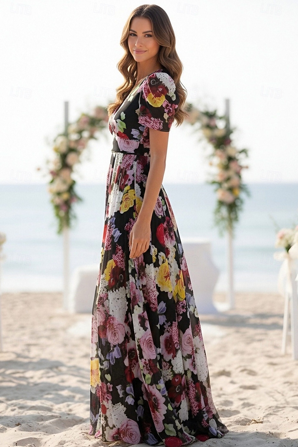 Linea ad A Lunghezza al pavimento Abito da cerimonia per signora Manica Corta Scollo a V Elegante Formale Ospite di nozze Chiffon con Blocco di Colore del 2026 a $195.99 –P3