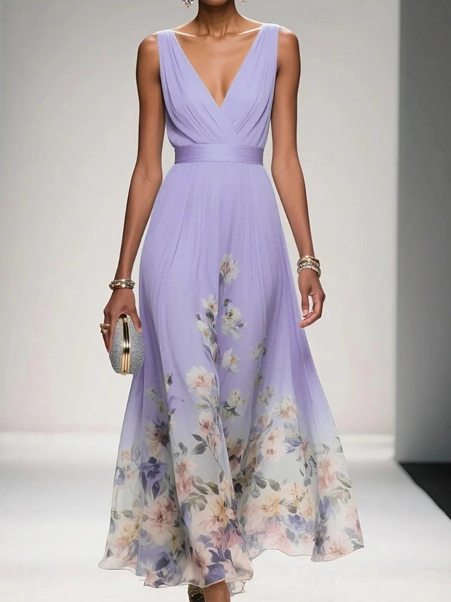 Mulheres Vestido Longo Vestido casual Vestido de chiffon Elegante Moda Moderno Ao ar livre Férias Para Noite Normal Floral Sem Manga Decote V Azul Rosa Roxo Verde Verão Primavera de 2026 por $37.99 –P1