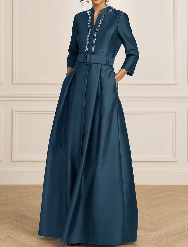 A-Linie Na zem Večerní šaty Plesové Formální šaty Elegantní Styl celebrit Hedvábný povrch 3/4 délka rukávu Do V Zahradní slavnost Svatební Elastický satén s Křišťály 2026 - $206.99 –P4