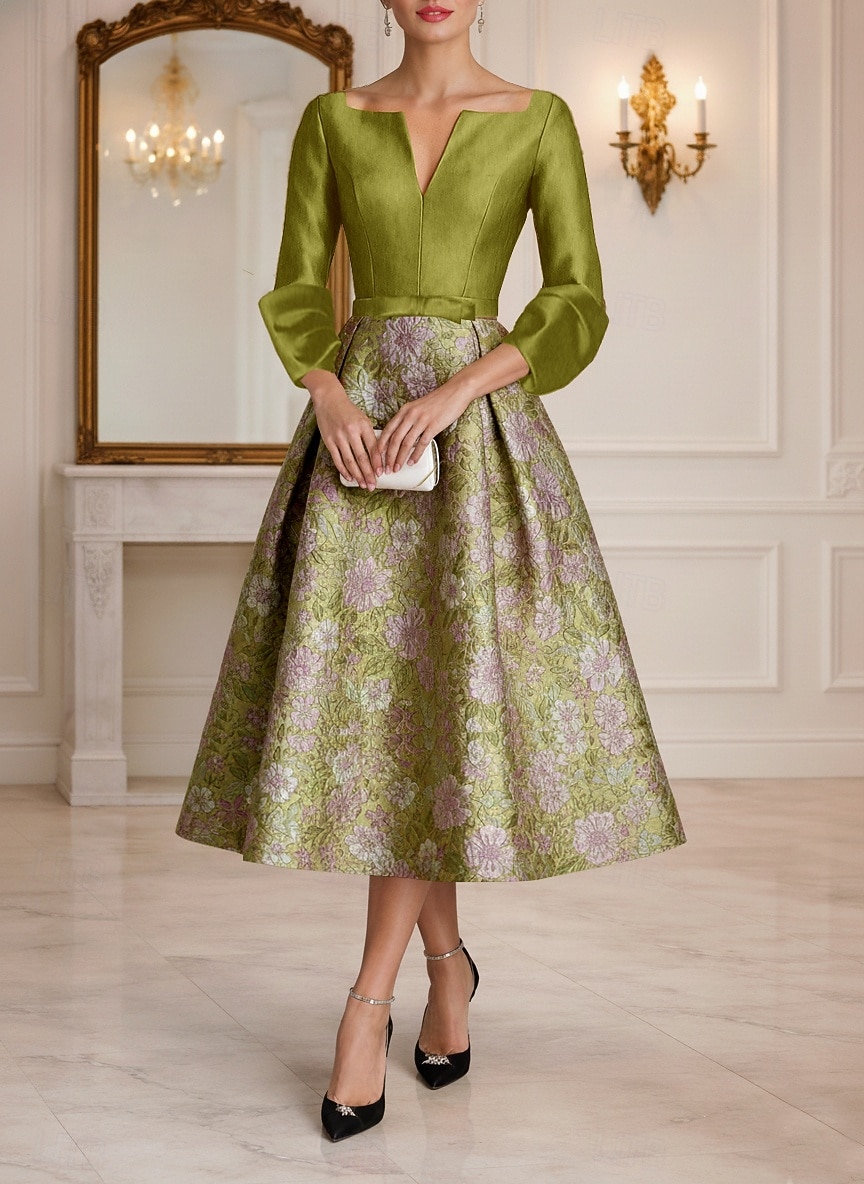 Ligne A Longueur thé Robes de Cocktail Robes de soirée Élégant ancien Manche 3/4 Col en V Mariage Formel Taffetas Jacquard avec Noeud(s) Plis de 2026 ? $165.59 –P3