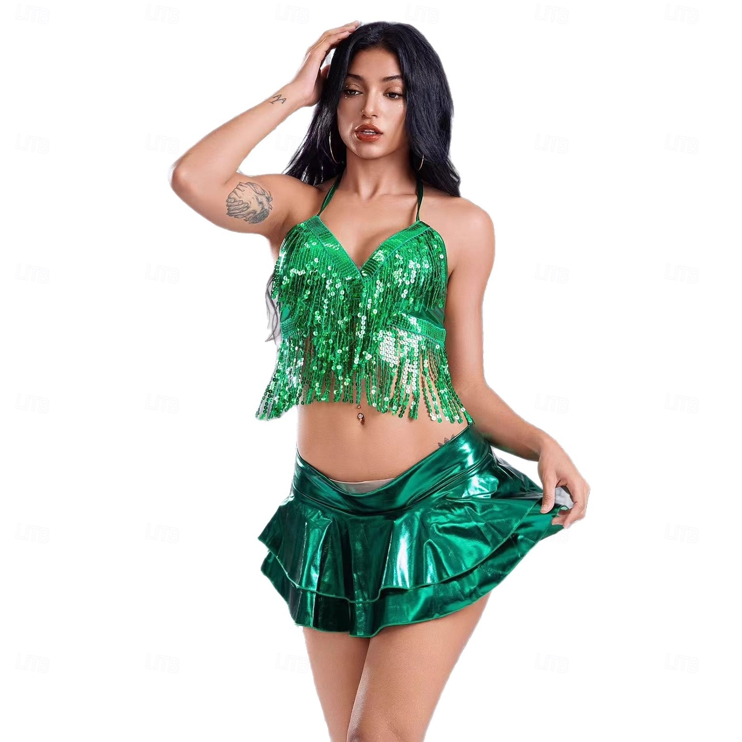 карнавал 2026 Рио карнавал самба танцевальная одежда блестящая розовая мини-юбка с оборками бразильский фестивальный костюм для выступления 2026 - $19.99 –P4