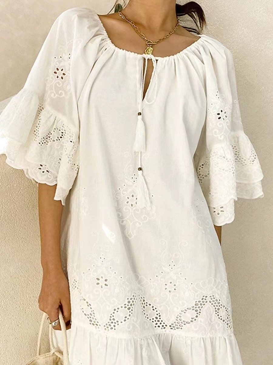 Női Midi ruha Csipkeruha Fehér ruha hétköznapi ruha Elegáns Divat Modern Szabadtéri Vakáció Alkalmi Vékony Sima Rövid ujjú Hasított nyak Fehér Nyár Tavasz 2026 - $41.99 –P2