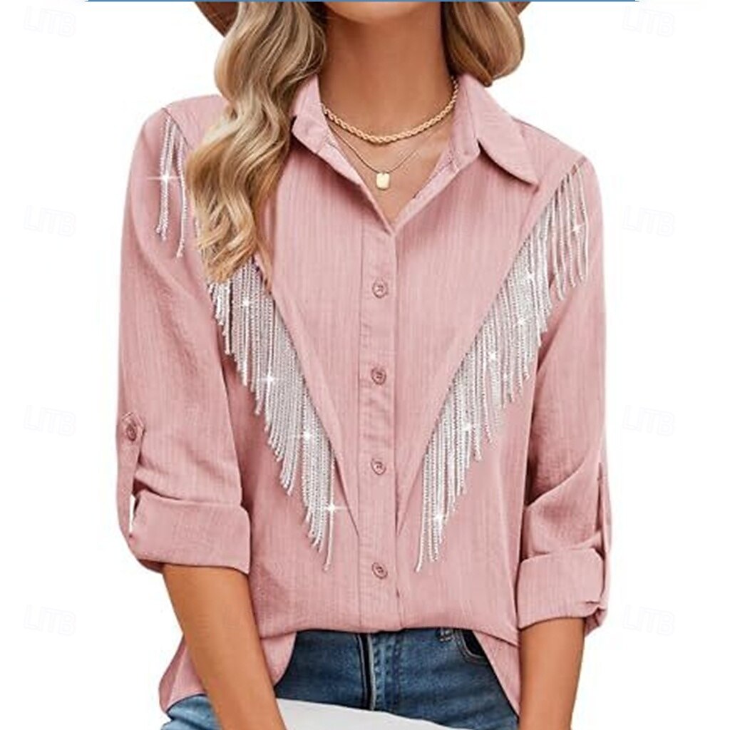 Damen Kleidhemd Knopfhemd Bluse Glitzer Knöpfe Strass Elegant Stilvoll Klassisch Langarm Umlegekragen Normale Oberteile Täglich Ferien Ausgehen Blau Schwarz Hellgrün Rosa Wein Sommer Frühling 2026 - $26.99 –P7
