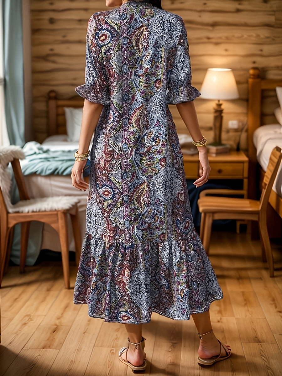 Women's Midi Dress Floral Dress Print Dress Fashion Modern Outdoor Vacation Going out Loose Fit Floral Half Sleeve V Neck Teal Red Purple Summer Spring 2026 - $27.99 –P3