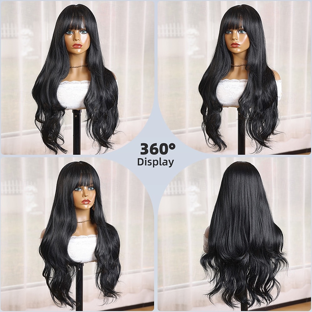 Synthetic Wig Curly Wavy Neat Bang Machine Made Wig 28 inch Natural Black #1B Synthetic Hair 28 inch Women's Black 2026 - $41.99 –P7