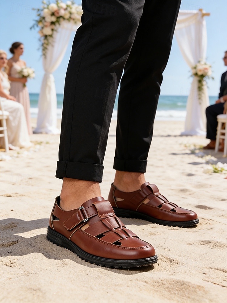 Men's Brown Faux Leather Sandals, Open Toe, Casual Wedding Shoes, Comfortable and Stylish Summer Wear 2026 - $32.99 –P1