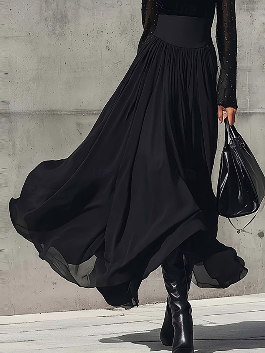 Women's Elegant Fashion Casual Maxi Mid Rise Skirts Plain Ruched Layered Micro-elastic Daily Street Black Summer 2026 - $35.99 –P1