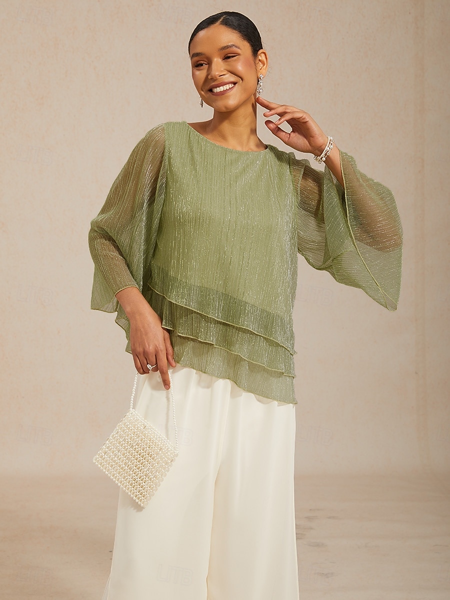 Damen Chiffon Tops Plissiert Geschichtet Metallisch Elegant Dreiviertelarm Rundhalsausschnitt Normale Oberteile Hochzeitsgast Hellgrün Sommer Frühling Herbst 2026 - $75.99 –P1
