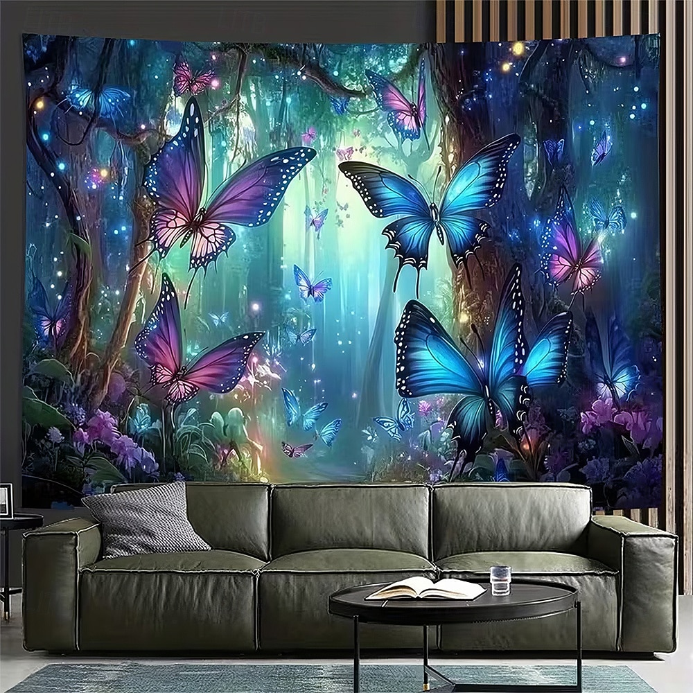 Arazzo da parete con farfalle, estetica, foresta incantata, paesaggio misterioso luminoso, per camera da letto, soggiorno, dormitorio, arredamento per la casa del 2026 a $19.99 –P1