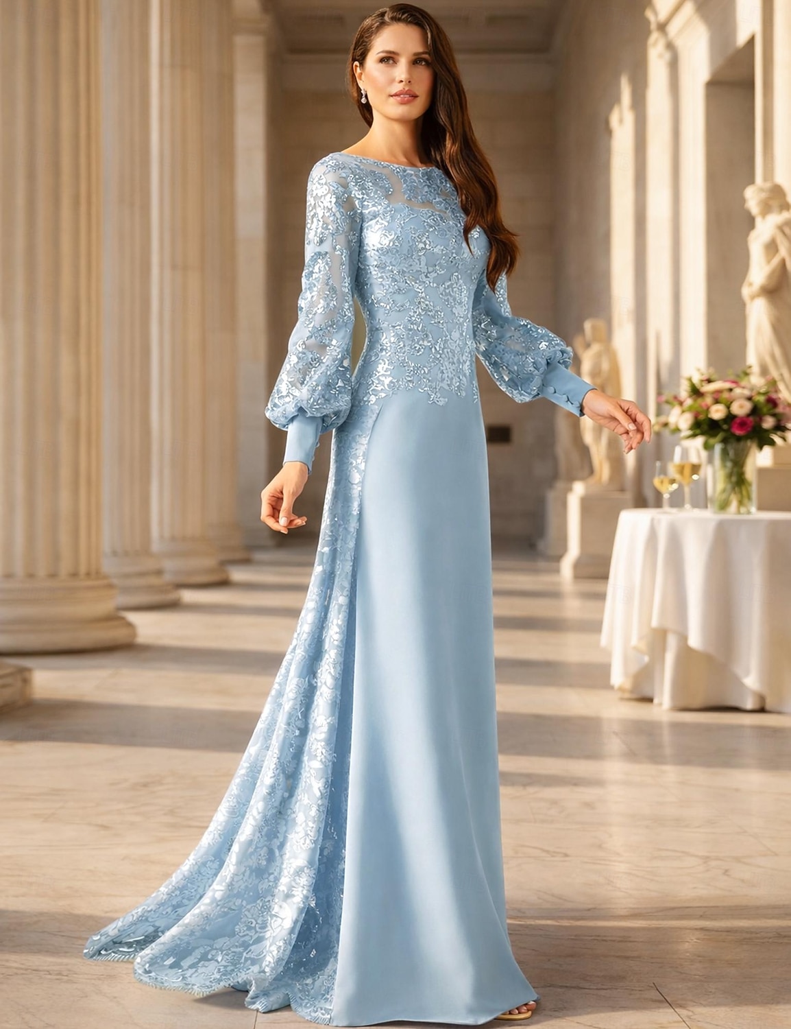 Linea ad A Lunghezza al pavimento Abito da invitata a nozze Abito Formale Abito da sera Abito da cerimonia per signora Manica Lunga Collo gioiello Elegante Formale Ospite di nozze Chiffon Con del 2026 a $218.49 –P1