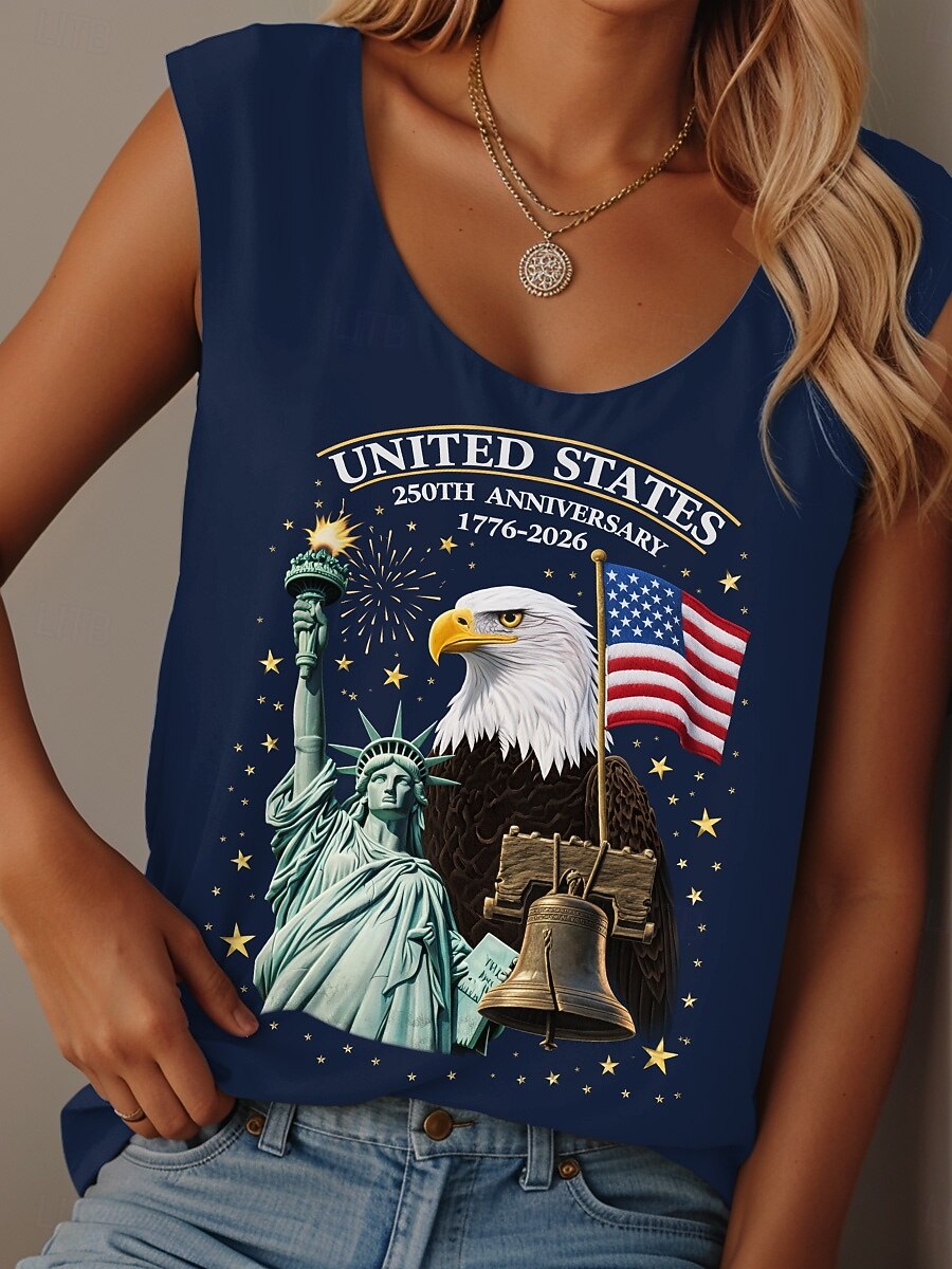 Unabhängigkeitstag Amerikanisches Jubiläum Patriotisches Damen T-Shirt Grafik Flagge Flagge Legere Ärmellos Rundhals Reguläre Tops Täglicher Druck Blau Schwarz Weiß Rot Sommer Frühling Betrunken 2026 - $19.99 –P3