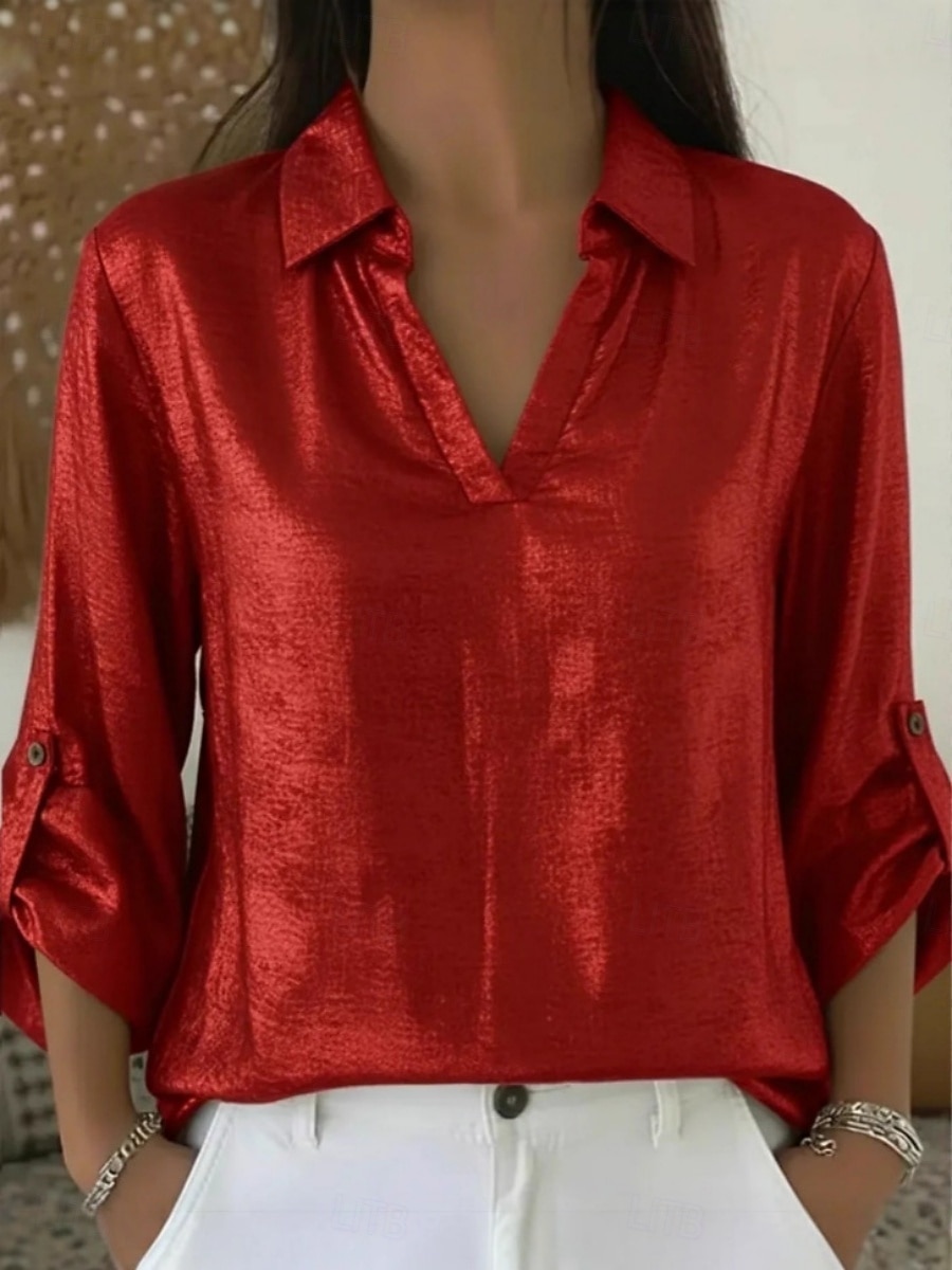 Damskie Koszula Codzienna koszula Równina Zabytkowe Elegancki Klasyczny Długi rękaw W serek Zwykłe topy Codzienny Święto Wyjściowe Czarny Biały Czerwony Złoty Wiosna Jesień 2026 - $29.99 –P2