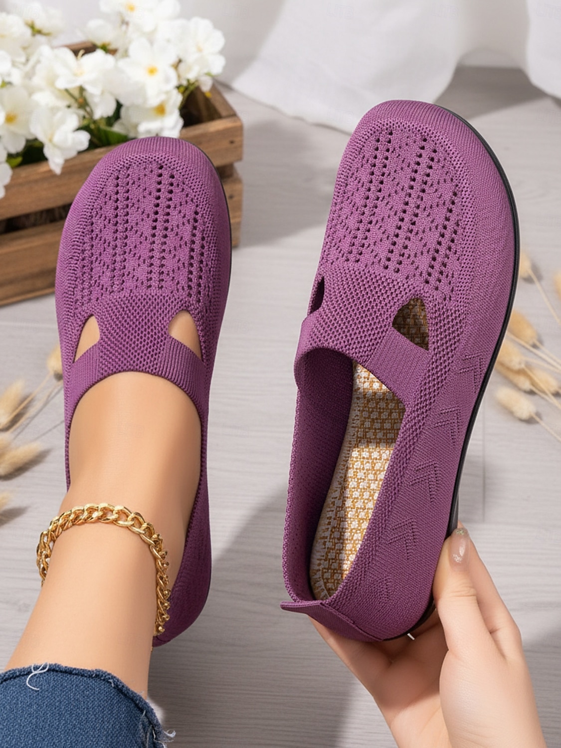 Paarse, ademende gebreide ballerina's voor dames met een brede pasvorm – lichtgewicht, elastische instapschoenen, minimalistische casual stijl voor wandelen, werk, reizen en dagelijks comfort. 2026 - $24.99 –P3