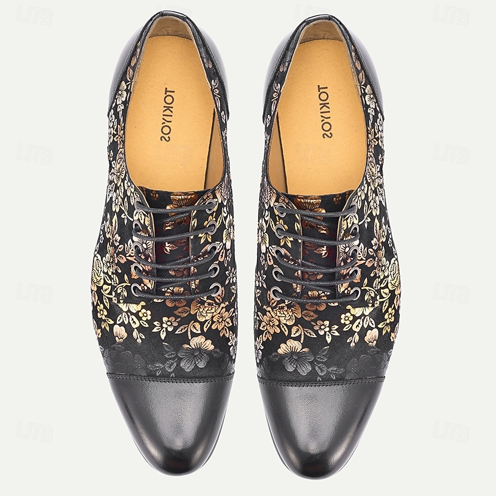 Κομψά ανδρικά δερμάτινα νυφικά παπούτσια - μαύρα με χρυσό φλοράλ μοτίβο, υποδήματα υψηλής ποιότητας για γάμους και επίσημες γιορτές 2026 - $109.99 –P7