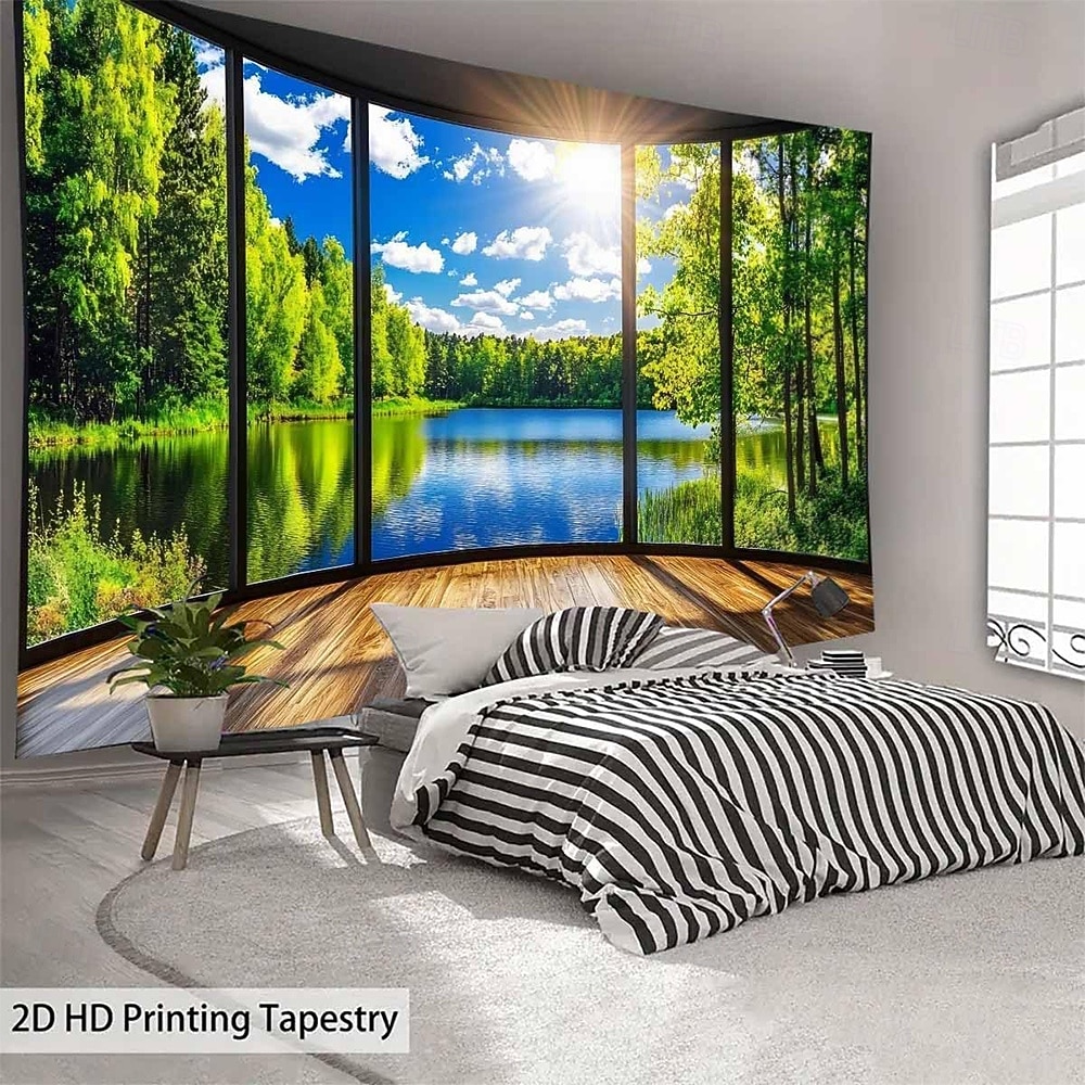 Tapiz de lago con vista de ventana en 3D, paisaje natural y forestal, colgante de pared, mural de paisaje de ventana falsa para sala de estar, sala de yoga, espacio de meditación 2026 - $20.99 –P2
