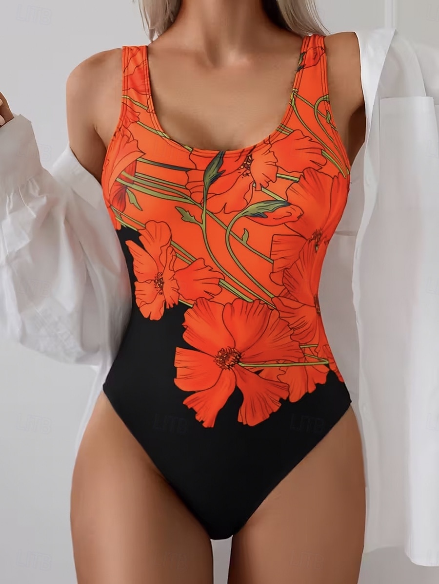 2026年 女性用 スイムウェア ワンピース ブリーフ 水着 旅行度假风 ファッション フラワー グラフィック ラウンドネック ノースリーブ 水着  コレクション – $32.99 –P2