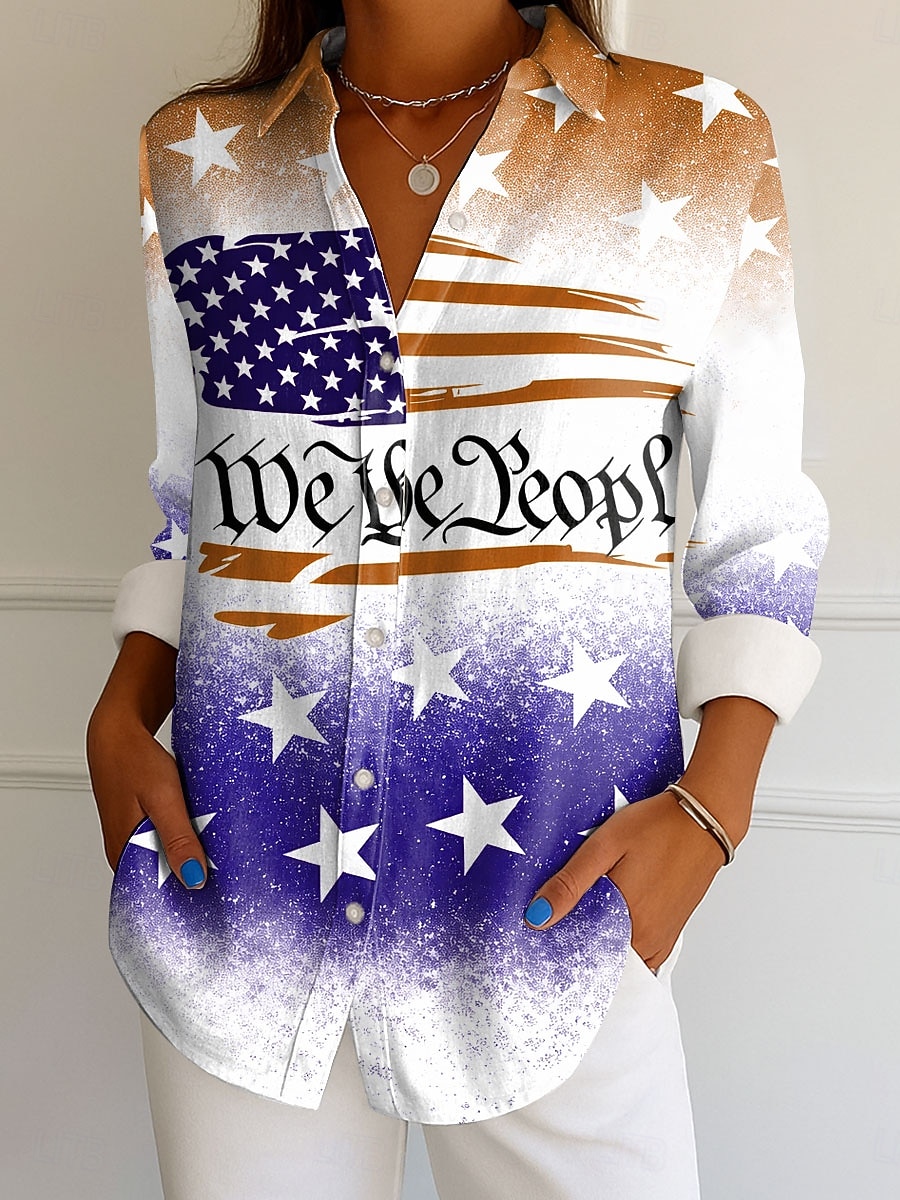 Unabhängigkeitstag Patriotisches Damen Hemd Bluse Grafik Flagge Vintage Alltag Stylisch Langarm Hemd Kragen Reguläre Oberteile Alltag Druck Gelb Rot Lila Grün Frühling Herbst Winter 2026 - $32.99 –P2