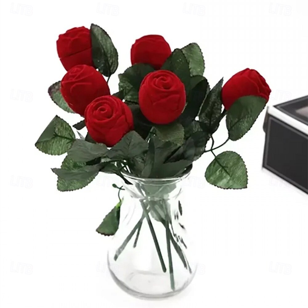 1PC Flocked Rose Ring Box Long Root Rose Creative Red Rose Flower Ring Display Box Proposal Engagement Anniversary Romantic Gift Box Wedding Jewelry Display Storage 2026 - $9.99 –P8