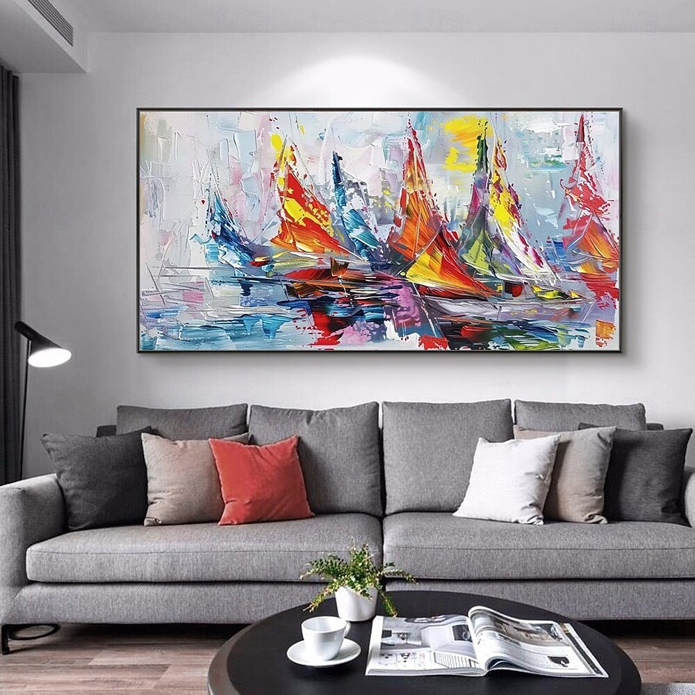 Mintura, peinture à l'huile abstraite texturée faite à la main représentant des paysages de bateaux, sur toile. Décoration murale moderne, tableau roulé sans cadre ni châssis. de 2026 ? $75.99 –P4