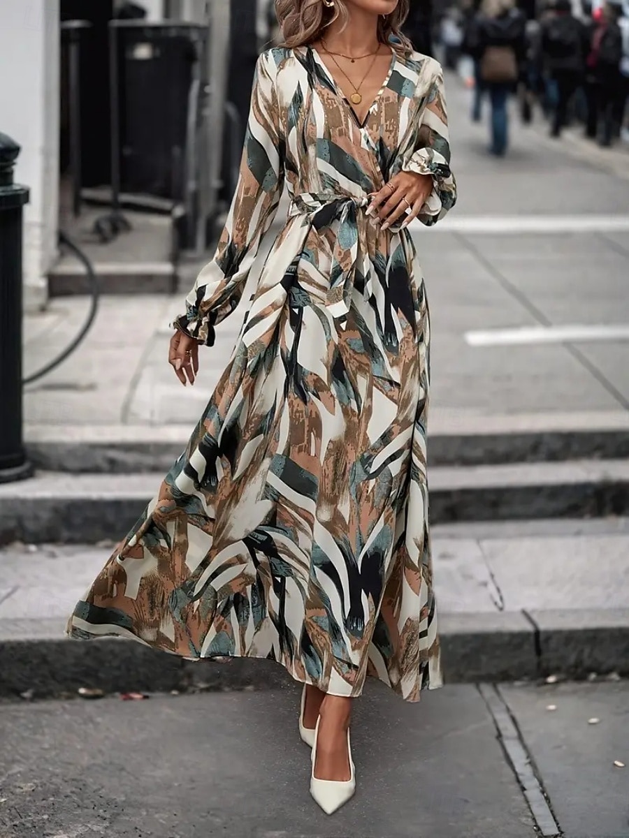 Women's Long Dress Maxi Dress A Line Dress Floral Dress Elegant Fashion Modern Daily Outdoor Vacation Regular Fit Floral Long Sleeve V Neck Red Brown Spring Fall 2026 - $25.99 –P10