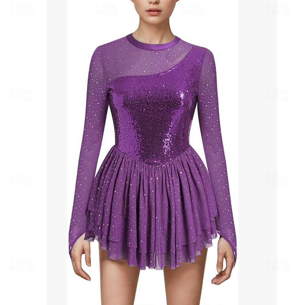 Figure Skating Dress Women's Ice Skating Dress Violet Navy Black Patchwork Thumbhole High Elasticity Training Competition Skating Wear Classic Crystal / Rhinestone Sleeveless Long Sleeve Ice Skating 2026 - $323.29 –P9