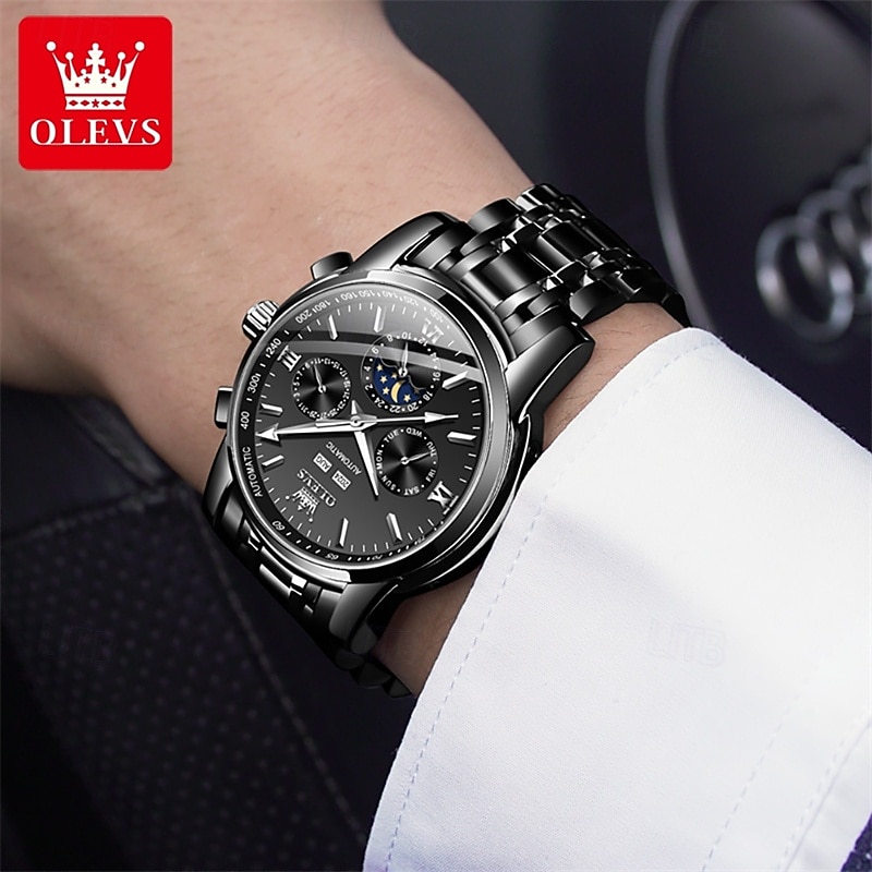 Montre homme Olevs neuve, élégante et fonctionnelle, avec affichage des phases de la lune, du calendrier, de l'heure sur 24 heures et du jour de la semaine. Montre mécanique automatique multifonctions de 2026 ? $121.99 –P18