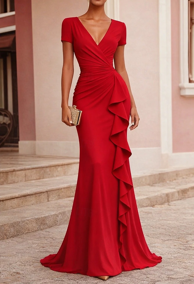 Meerjungfrauenschnitt Bodenlange Schleppe Abendkleid Elegant Kurzarm V Ausschnitt Hochzeit Formell Stretch-Crêpe mit Gerafft Rüschen 2026 - $171.99 –P1