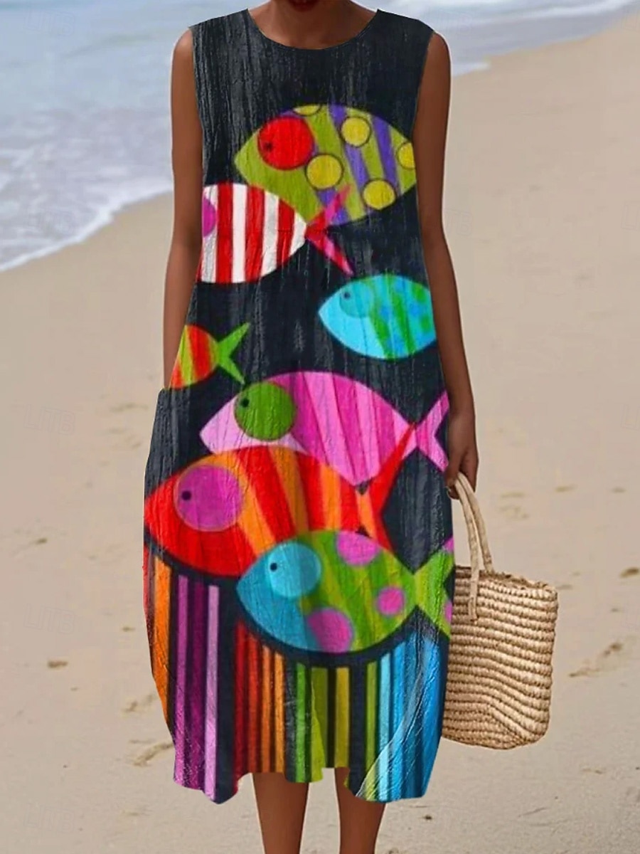 Μίντι Φόρεμα Γυναικών Λινό Σακίδιο Φόρεμα Αλλαγής Γραμμή A Διακοπές Καθημερινό Μπόχο Παραλία Βραδινό Χαλαρή Φόρμα Γραφικό Ζώο Αμάνικο Λαιμόκοψη Μπλε Μαύρο Γαλάζιο Σκούρο Μπλε Καλοκαίρι Άνοιξη 2026 - $39.99 –P5