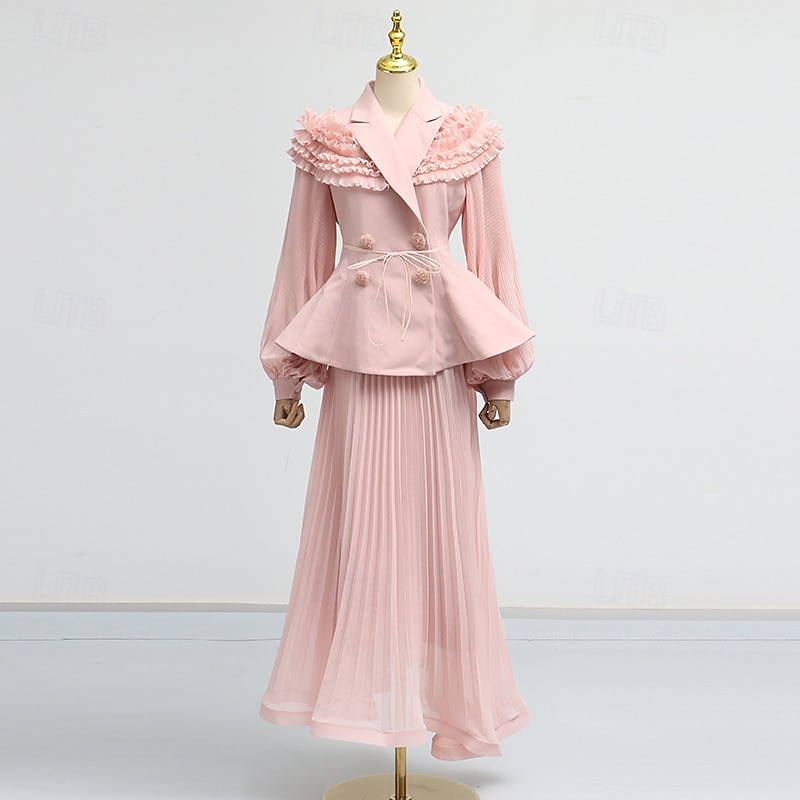 Zweiteilig A-Linie Knöchellänge Kleid für Hochzeitsgäste Kleider für Hochzeitsgäste Elegant Vintage Täglich Langarm Revers Gartenparty Hochzeit mit 3D-Blumen Falten 2026 - $137.99 –P7