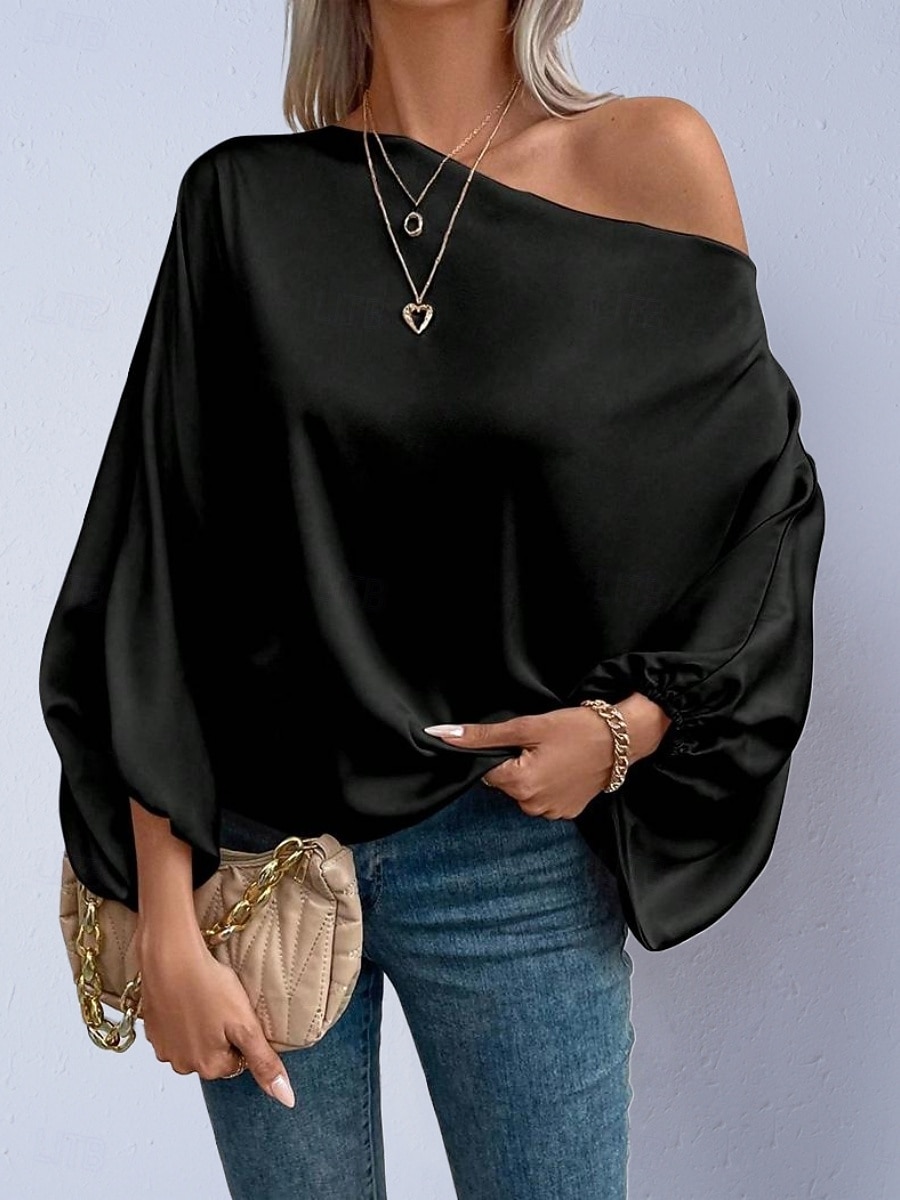 Dames Overhemd Satijnen overhemd Blouse Tops met blote schouders Effen Stijlvol Klassiek Modern Lange mouw Schouderafhangend Normale tops Dagelijks Feestdagen Uitgaan blauw Zwart Blozend Roze Rood 2026 - $27.99 –P7