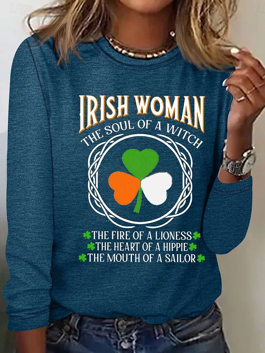 T-shirt da donna per il giorno di San Patrizio Graphic Shamrock Lettera Stilosa Classica Casual a maniche lunghe Collo tondo Tops normali Stampa Daily Blu Nero Bianca Rosa Beige Primavera Autunno del 2026 a $24.99 –P5