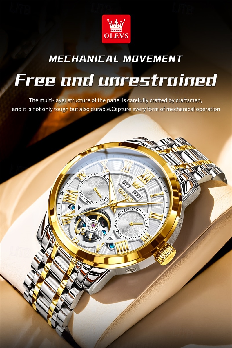 Новые мужские деловые часы Olevs с люминесцентным дисплеем, вечным календарем, календарем и отображением недели. Полностью механические часы с полым ротором для повседневного использования, 2026 - $97.99 –P10