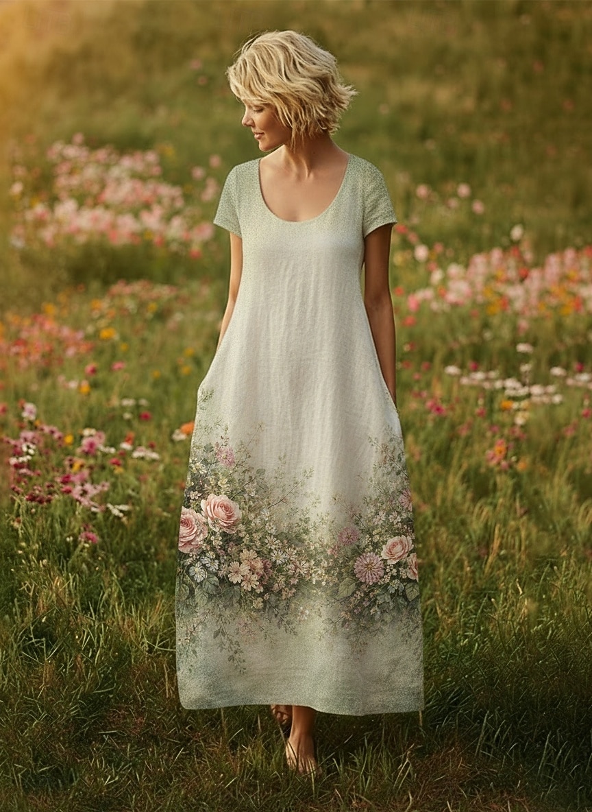 Mulheres Vestido maxi longo Vestido Boho Vestido casual Vintage Diário Ao ar livre Praia Ajuste Largo Floral Manga Curta Decote U Verde Verão Primavera de 2026 por $28.99 –P1