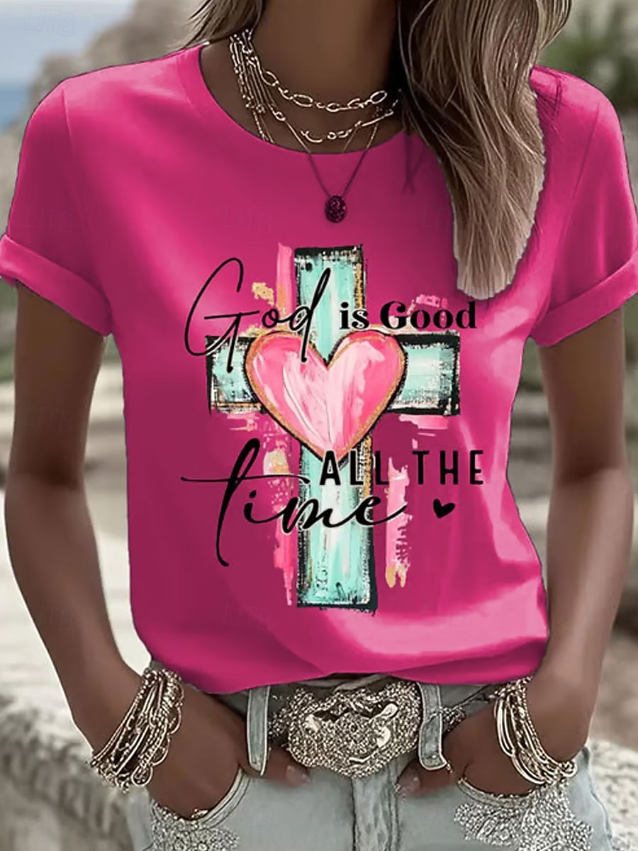 Damen T Shirt Druck Grafik Buchstabe Vintage Stilvoll Klassisch Kurzarm Rundhalsausschnitt Normale Oberteile Täglich Blau Schwarz Weiß Rosa Sommer Frühling 2026 - $22.99 –P3