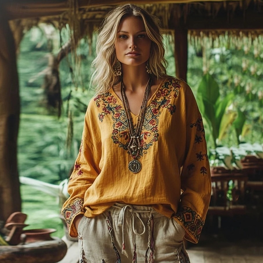 Damen Boho Bluse Leinenähnlich Atmungsaktiv Leicht Floral Grafik Vintage Stylisch Lässig Langarm 3/4 Ärmel V-Ausschnitt Reguläre Oberteile Täglicher Raffung Bestickter Druck Gelb Sommer Frühling 2026 - $27.99 –P1
