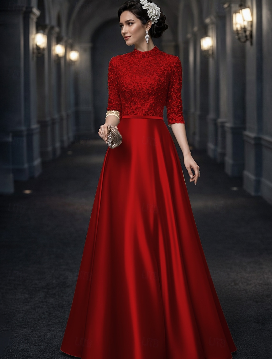 Krój A Sięgająca podłoża Sukienka dla gościa weselnego Suknia Suknia wieczorowa Sukienka dla matki panny młodej Rękaw 1/2 Wysoki Elegancja Zabytkowe Gość weselny Wesele Satyna z Kokardki Haft 2026 - $98.99 –P4