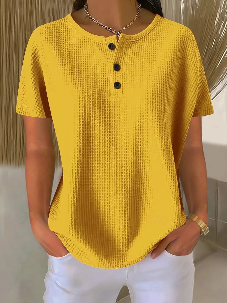 בגדי ריקוד נשים אוברסייז חולצה קצרה טי שירטס טופים מארג וויפל כפתור קדמי אחיד אופנתי מסוגנן קלסי שרוולים קצרים צווארון עגול קצר הנלי חולצות רגילות יומי ליציאה סוף שבוע לבן כתום קיץ אביב 2026 - CLP $26680 –P10