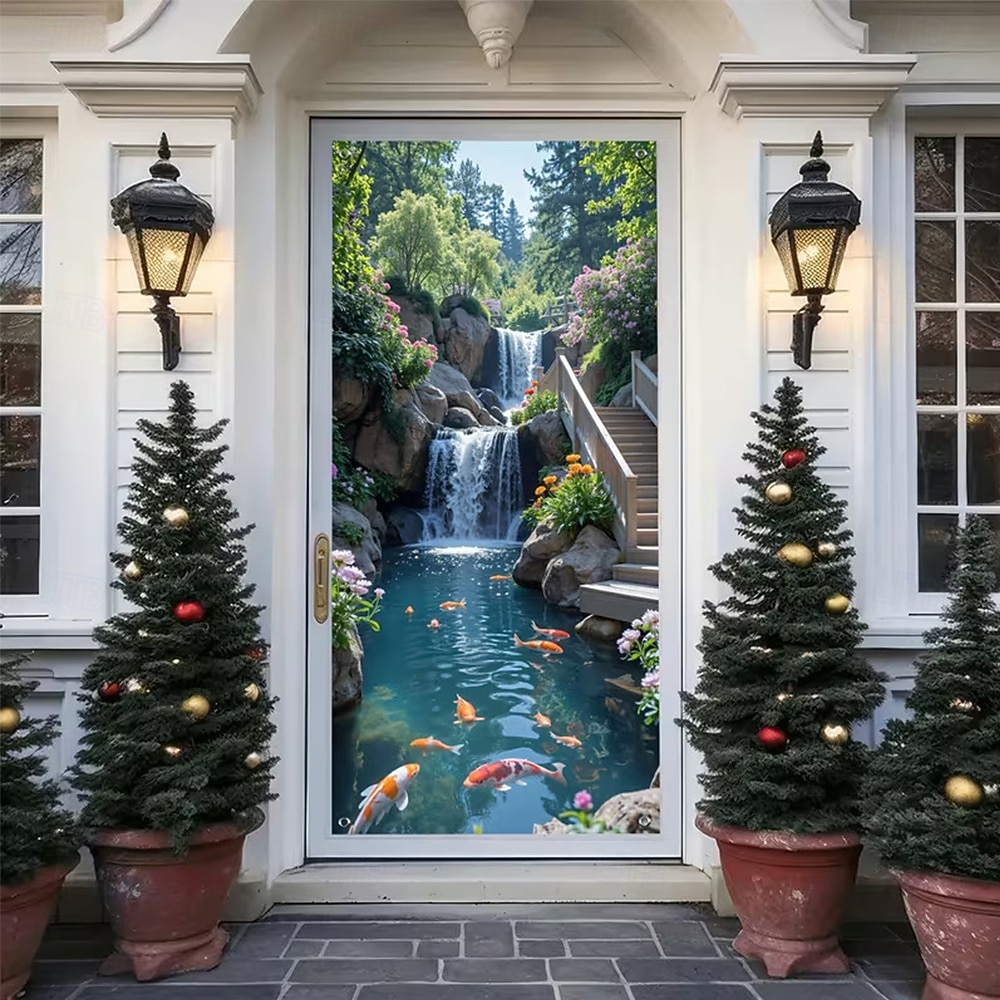 Tenda da ingresso con vista realistica della natura, da appendere alla parete per l'ingresso del portico, con banner per porta da giardino giapponese in 3D, scena con cascata e laghetto koi. del 2026 a $17.99 –P3