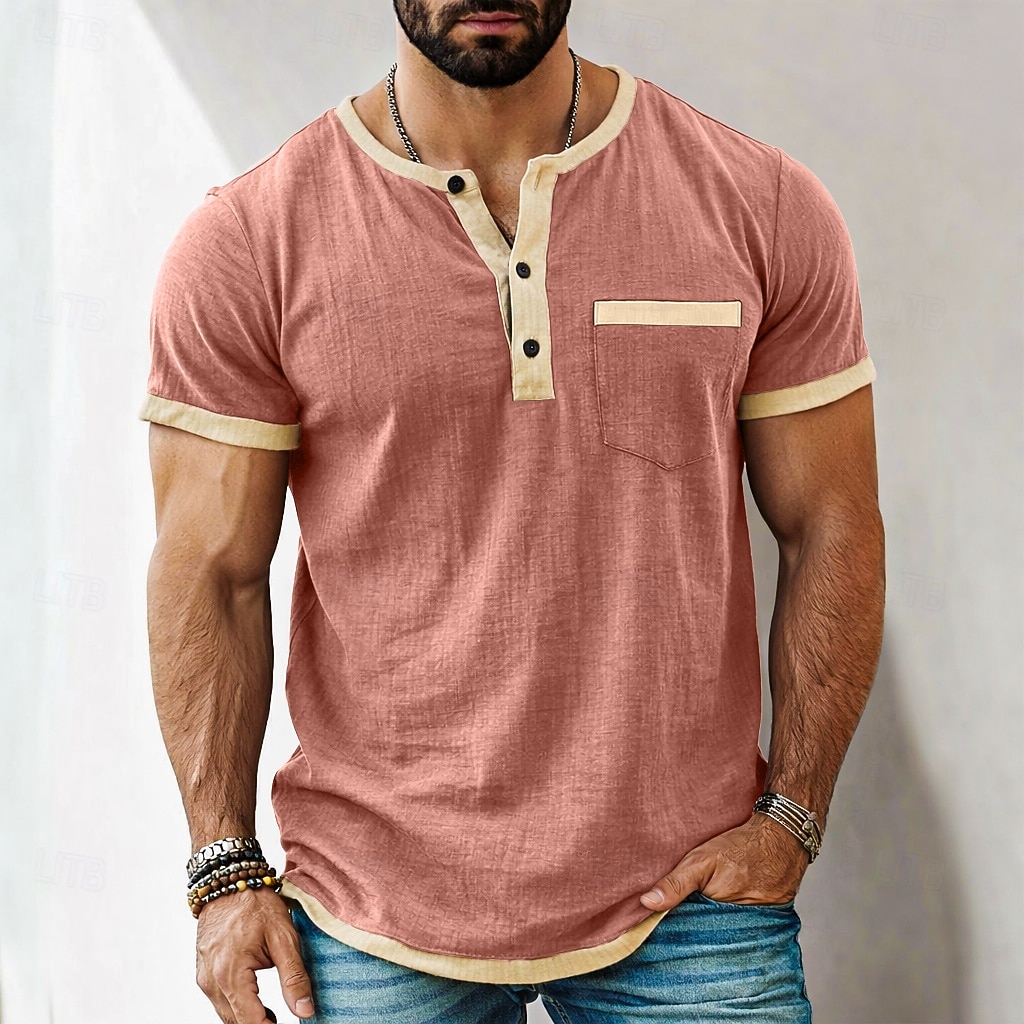 Heren T-shirt Henley-shirt T-shirts Shirt met korte mouwen Korte mouw Henley Zomer Lente Lente zomer Kleurenblok Effen Modieus Ontwerper Basic Zak Vakantie Straat Uitgaan Zwart Blauw Blozend Roze Top 2026 - $21.99 –P1