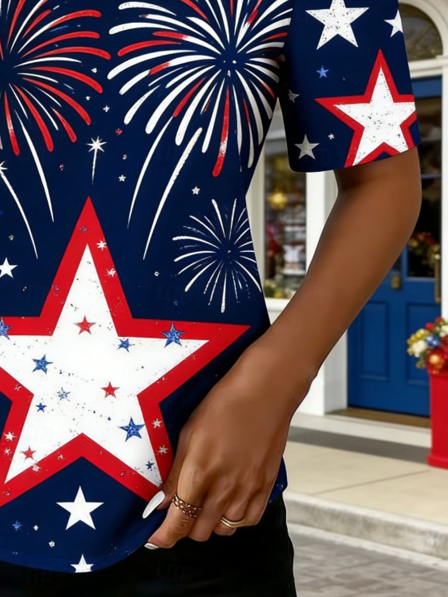 Amerikansk uavhengighetsdag Dame T skjorte T-skjorte Trykt mønster Grafisk Stjerne Mote Stilfull Klassisk Kortermet Enskuldret Vanlige topper Daglig Ut på byen Helg Blå Sommer Vår 2026 - $23.99 –P3