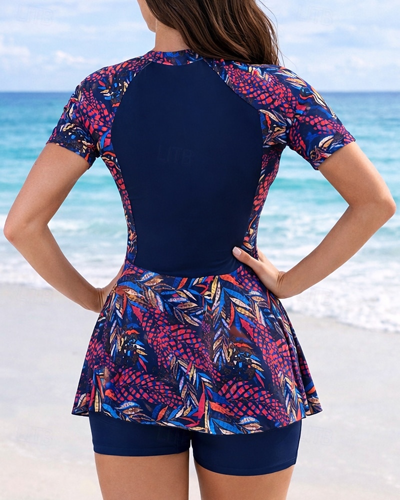 Mulheres Anti Atrito Roupa de banho 2 Peças Tropical Zip Up Proteção UV Elástico Manga Curta Roupa de Banho roupa de banho Surfe Mergulho Natação Verão de 2026 por $25.99 –P2