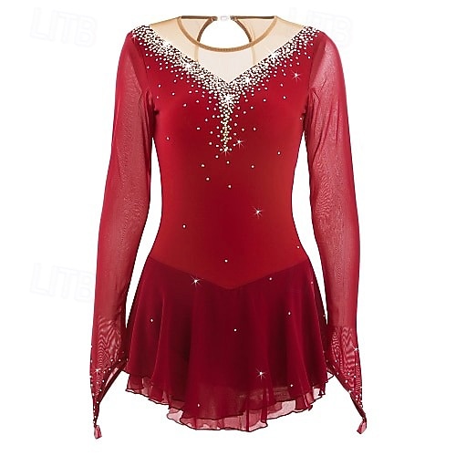 Red Rhinestone Figure Skating Dress for Women & Girls – Long Sleeve Mesh Competition Costume with V Open Back and Flowy Asymmetrical Skirt 2026 - $131.99 –P2